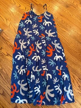 Oliphant Navy Blue Printed Midi Dress with Orange & White Accents